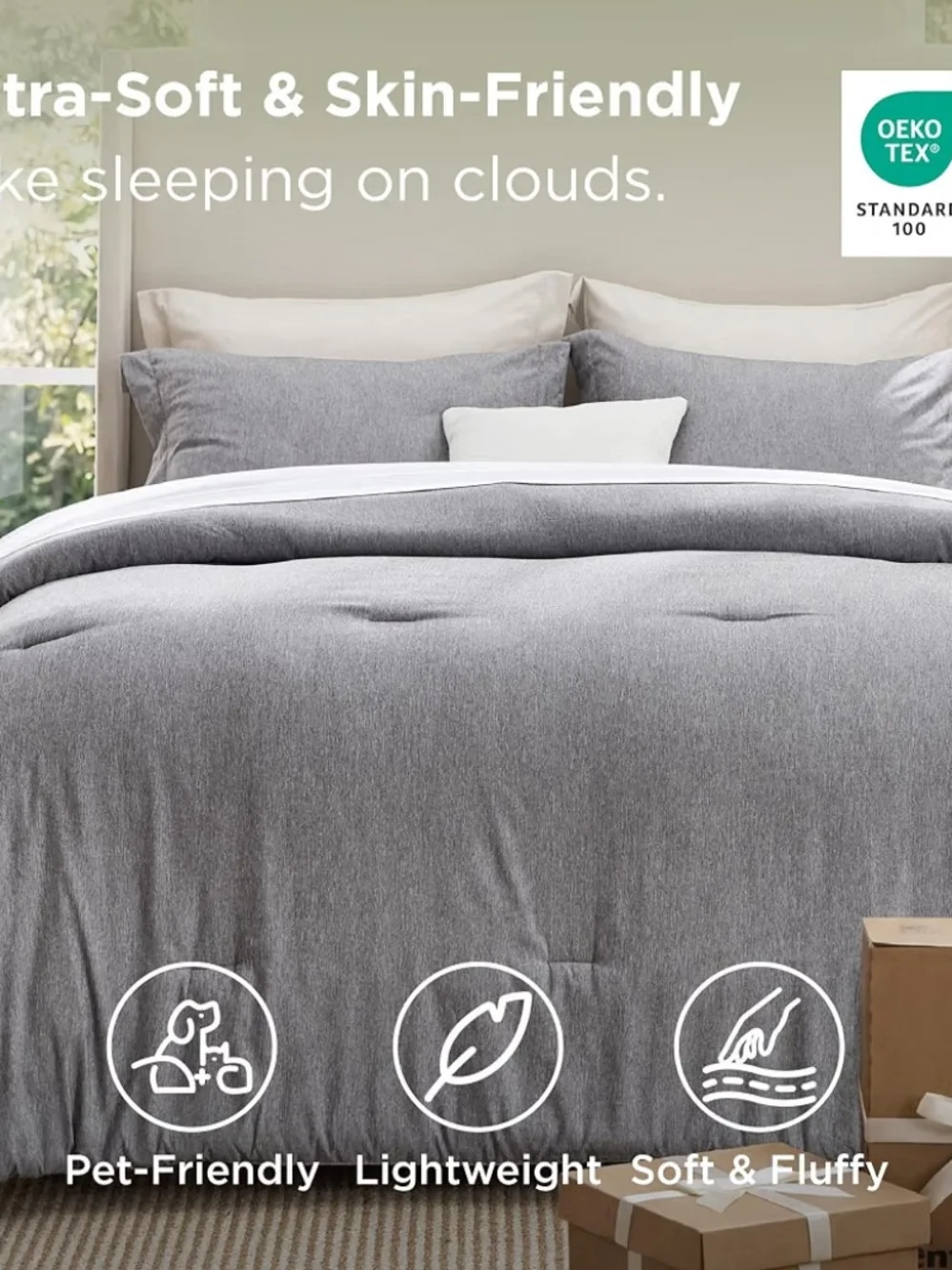 Soft Grey 3 Pcs Comforter Set - Queen Size Home Bedding NIB